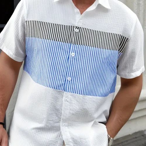 Men'S Summer Color-Block Striped Short Sleeve Shirt - Lightweight Casual Button-Up with Adjustable Tie Waist, Perfect for Beach Vacations & Casual Attire, Vacation Clothing | Stylish Buttonup | Nonstretch Fabric Model is wearing: M Fit: True to size Height: 177.5 cmBust: 98 cmWaist: 82 cmHips: 98 cm 3 reviews 5.0 All reviews are from verified purchases Small True to size Large 0 % 100 % 0 % avatar Mariyam Gasim in on Jul 6, 2025 really nice material, well worth the money, pleased with product avatar 61***26 in on Jul 10, 2025 avatar an***63 in on Jul 10, 2025 Thugs in suits Thugs in suits Star seller 1.5K+ Followers 250K+ Sold 4.7 Started to sell on TEMU 1 year ago Product details Save Report this item Material: Polyester Composition: 100% Polyester Details: None See all details mens block striped short sleeve shirt lightweight casual button up with adjustable tie waist beach vacations casual attire vacation clothing stylish nonstretch fabric details 0 mens block striped short sleeve shirt lightweight casual button up with adjustable tie waist beach vacations casual attire vacation clothing stylish nonstretch fabric details 1 mens block striped short sleeve shirt lightweight casual button up with adjustable tie waist beach vacations casual attire vacation clothing stylish nonstretch fabric details 2 See more Men'S Summer Color-Block Striped Short Sleeve Shirt